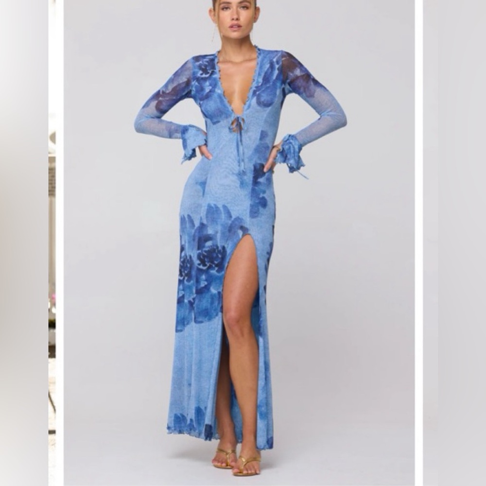 Blue Floral Sheer-Sleeve Maxi Dress - Women's